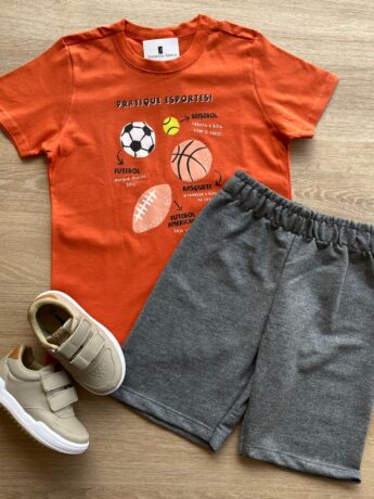 Conjunto Infantil Masculino Camiseta Laranja e Bermuda Cinza Fernanda Ramos Kids