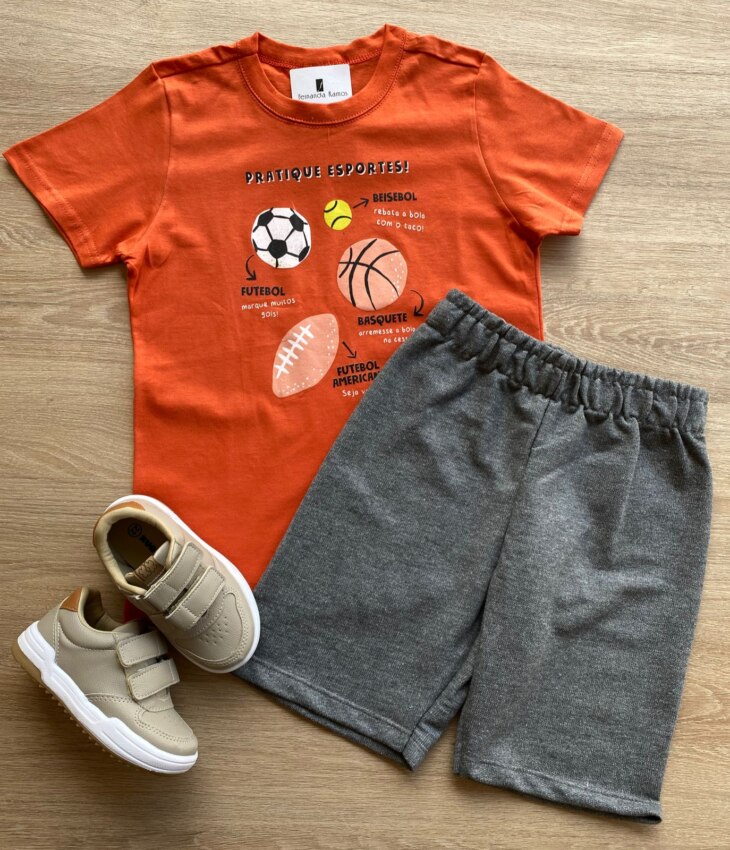 Conjunto Infantil Masculino Camiseta Laranja e Bermuda Cinza Fernanda Ramos Kids