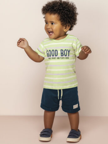 Conjunto Infantil Masculino Camiseta Listrada Verde e Bermuda Azul Fernanda ramos kids