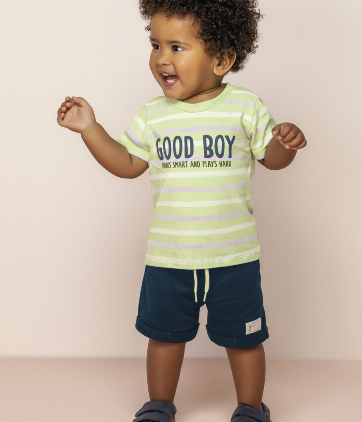 Conjunto Infantil Masculino Camiseta Listrada Verde e Bermuda Azul Fernanda ramos kids