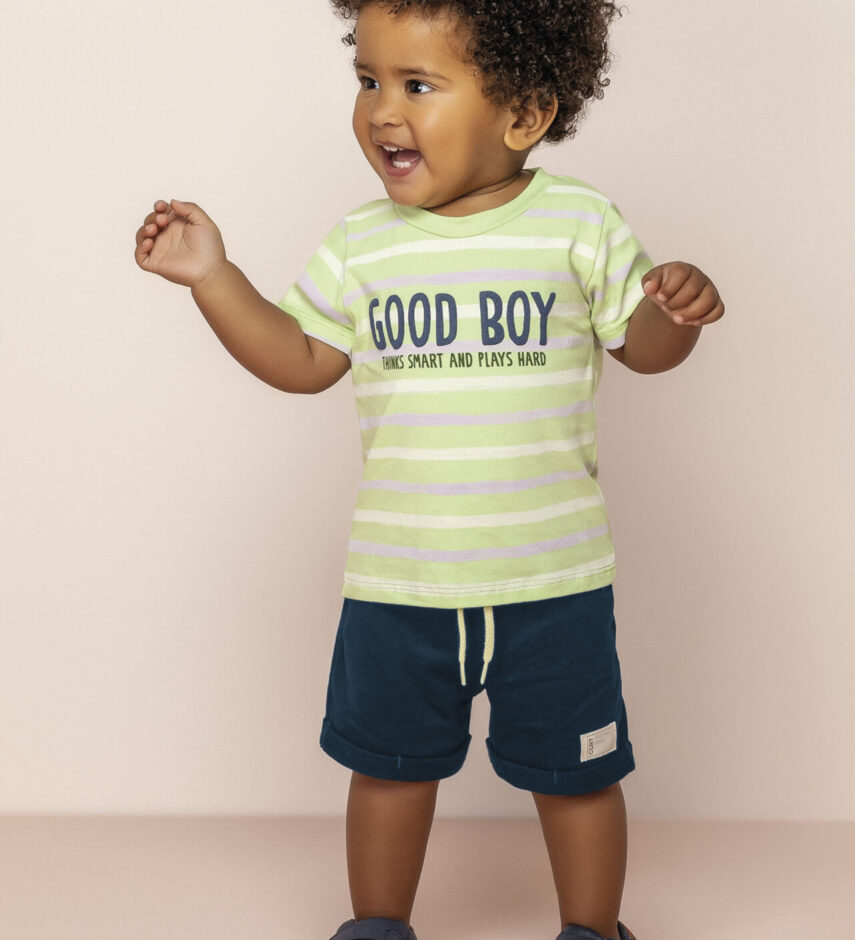 Conjunto Infantil Masculino Camiseta Listrada Verde e Bermuda Azul Fernanda ramos kids