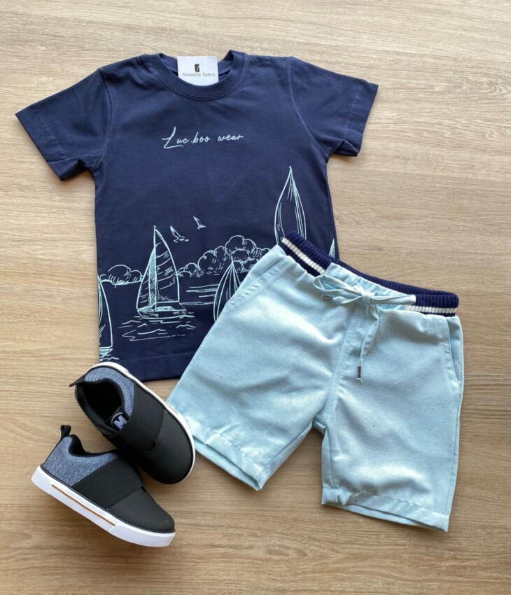 Conjunto Infantil Masculino Camiseta Luc.Boo Wear e Bermuda Verde Fernanda Ramos Kids