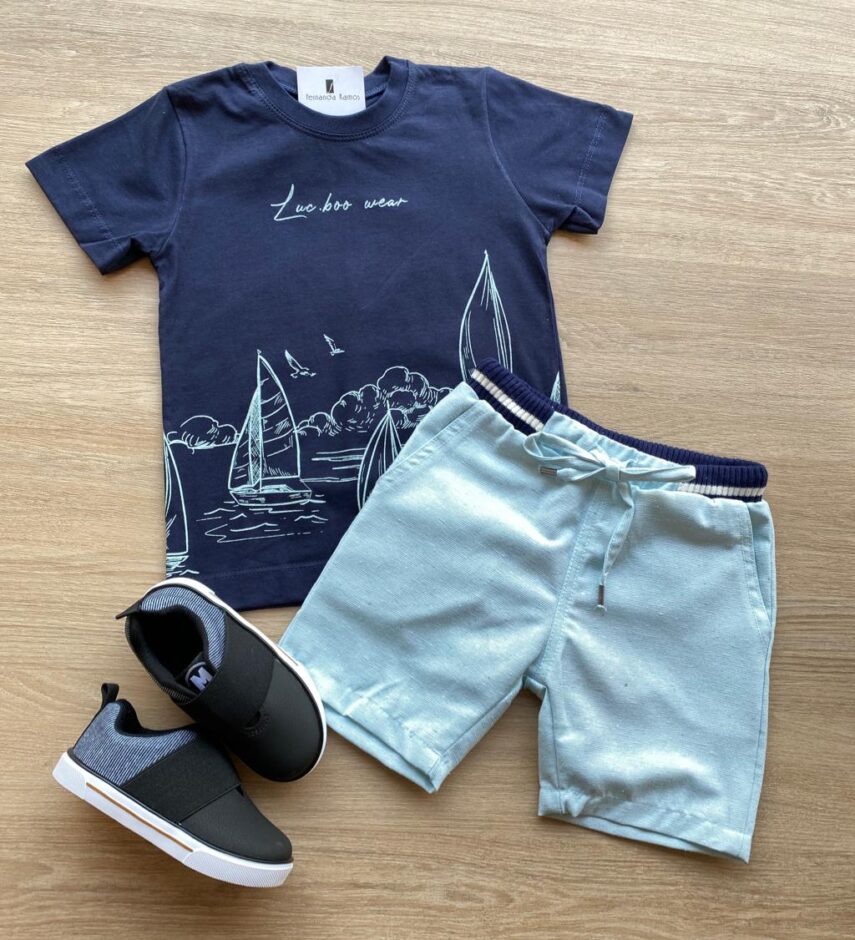 Conjunto Infantil Masculino Camiseta Luc.Boo Wear e Bermuda Verde Fernanda Ramos Kids