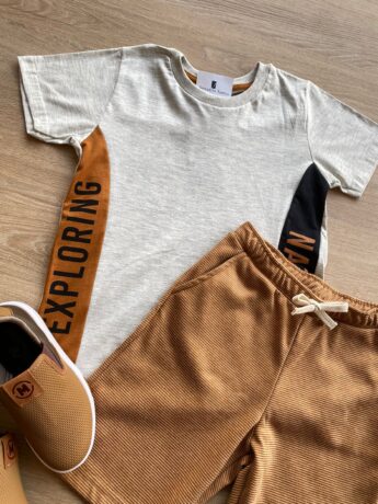 fernandaramoskids com br Conjunto Infantil Masculino Camiseta Mesclada e Bermuda Caramelo 1