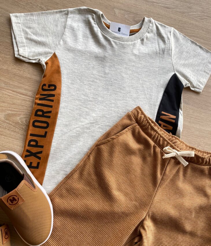 fernandaramoskids com br Conjunto Infantil Masculino Camiseta Mesclada e Bermuda Caramelo 1