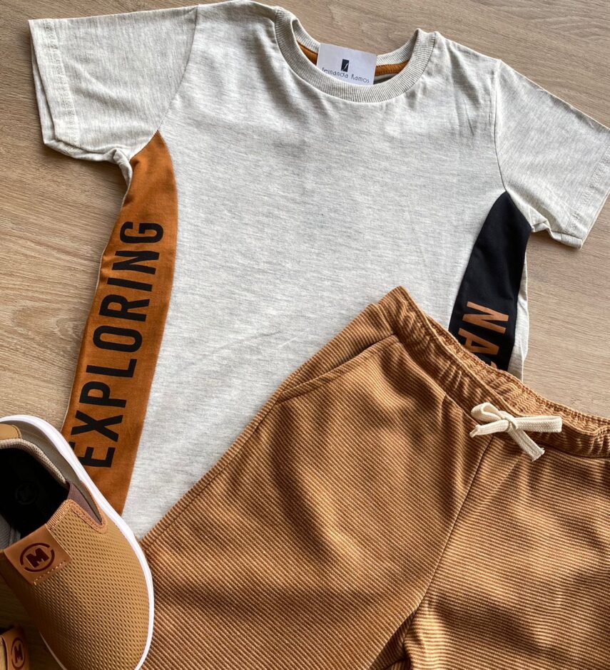 fernandaramoskids com br Conjunto Infantil Masculino Camiseta Mesclada e Bermuda Caramelo 1