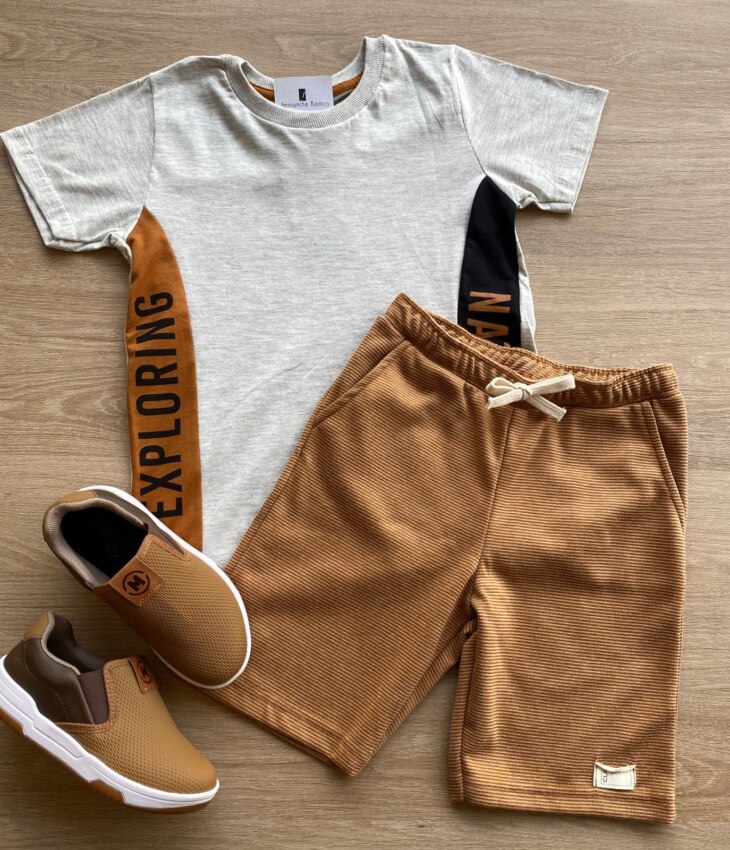Conjunto Infantil Masculino Camiseta Mesclada e Bermuda Caramelo Fernanda Ramos Kids