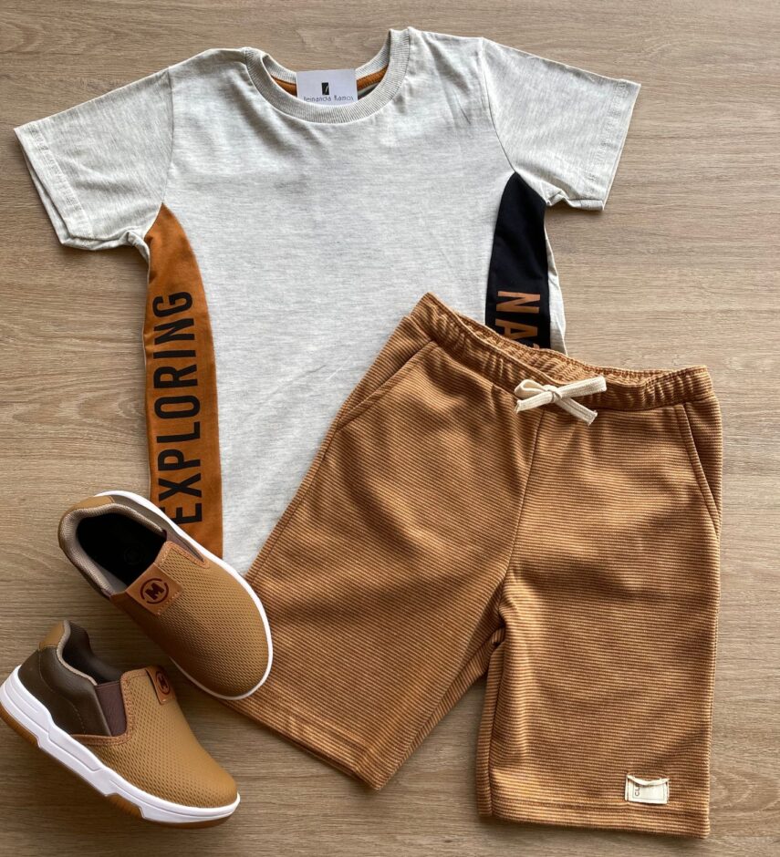 Conjunto Infantil Masculino Camiseta Mesclada e Bermuda Caramelo Fernanda Ramos Kids