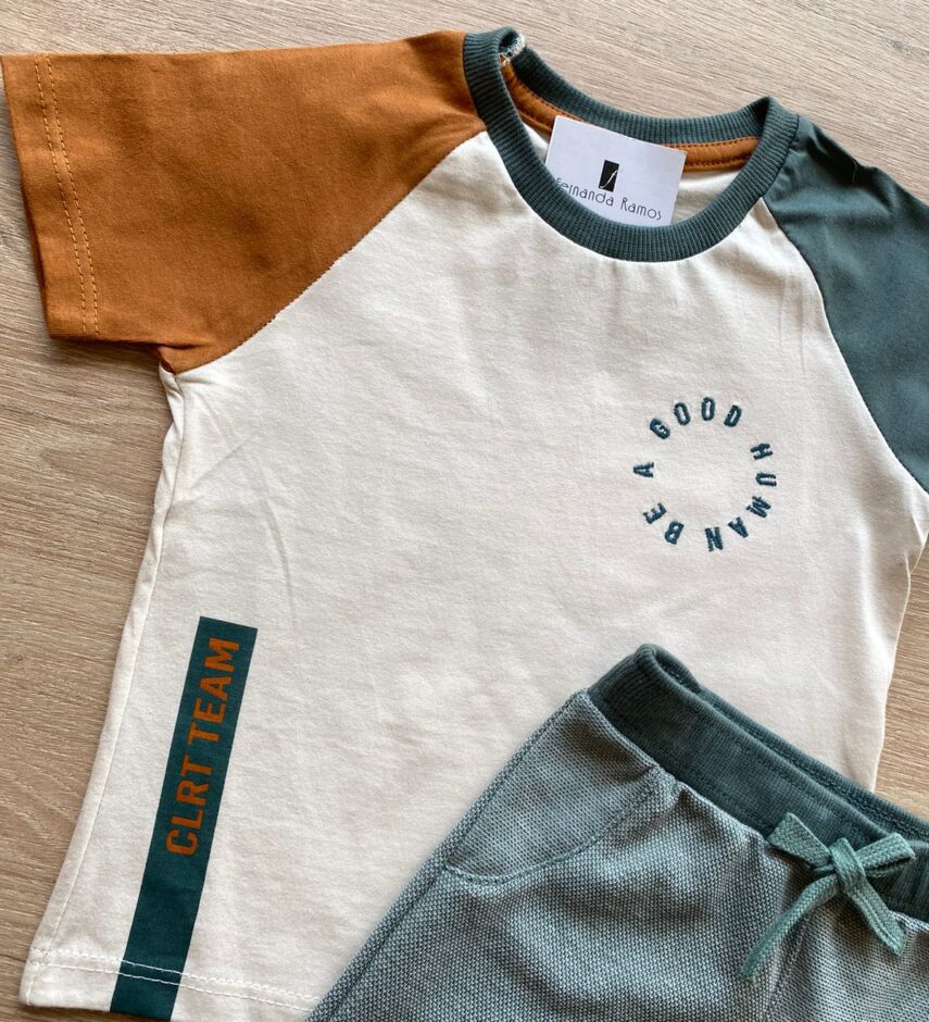 fernandaramoskids com br Conjunto Infantil Masculino Camiseta Nude e Bermuda Verde 1