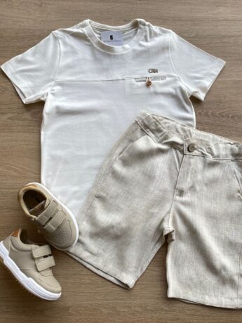 Conjunto Infantil Masculino Camiseta Off White e Bermuda Cru Fernanda Ramos Kids