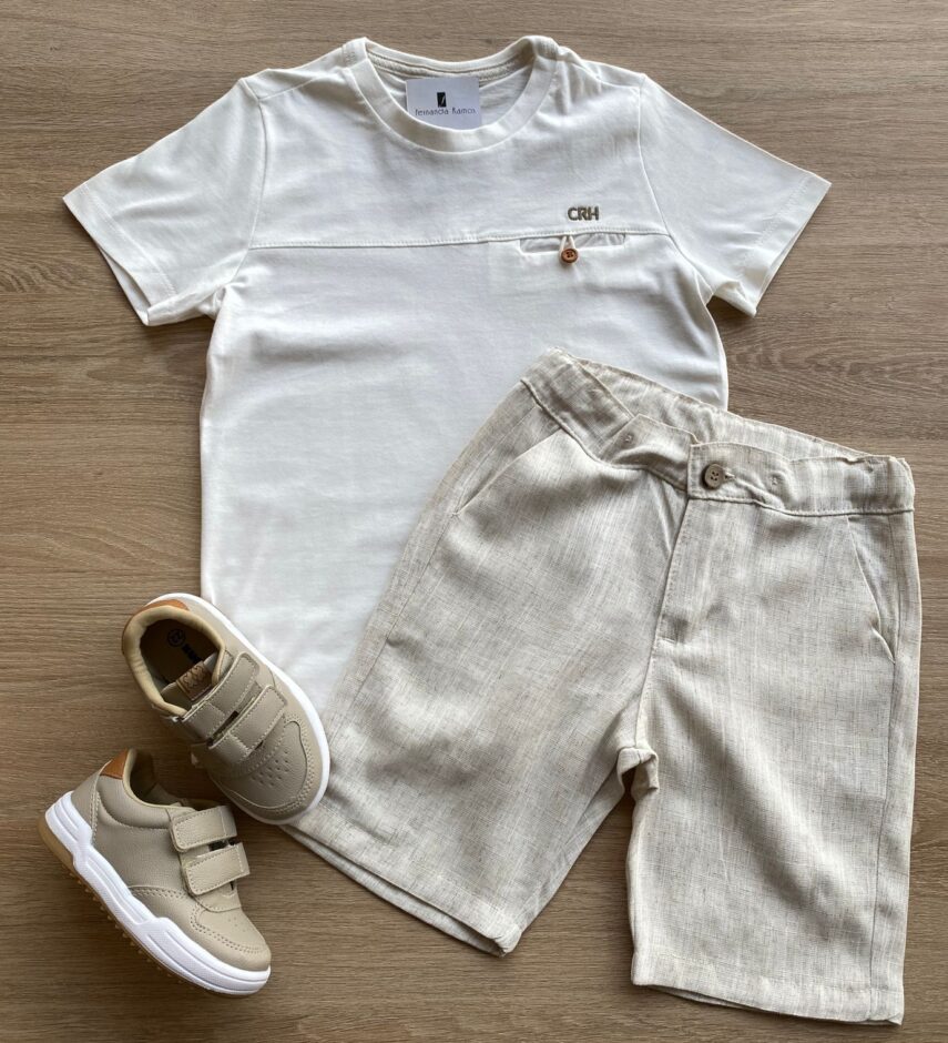 Conjunto Infantil Masculino Camiseta Off White e Bermuda Cru Fernanda Ramos Kids