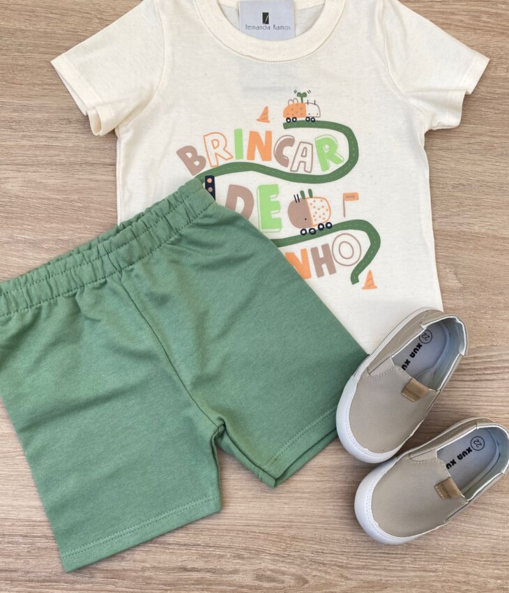 Conjunto Infantil Masculino Camiseta Off White e Bermuda Verde Fernanda Ramos Kids