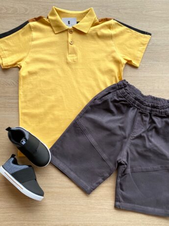Conjunto Infantil Masculino Camiseta Polo Amarela e Bermuda Sarja Fernanda Ramos Kids