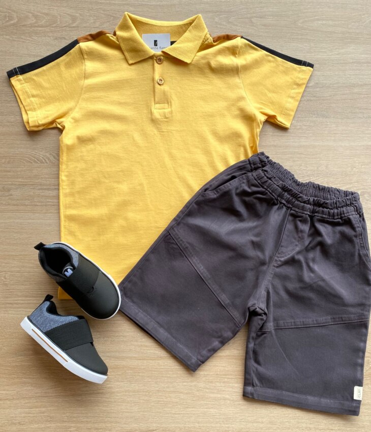 Conjunto Infantil Masculino Camiseta Polo Amarela e Bermuda Sarja Fernanda Ramos Kids