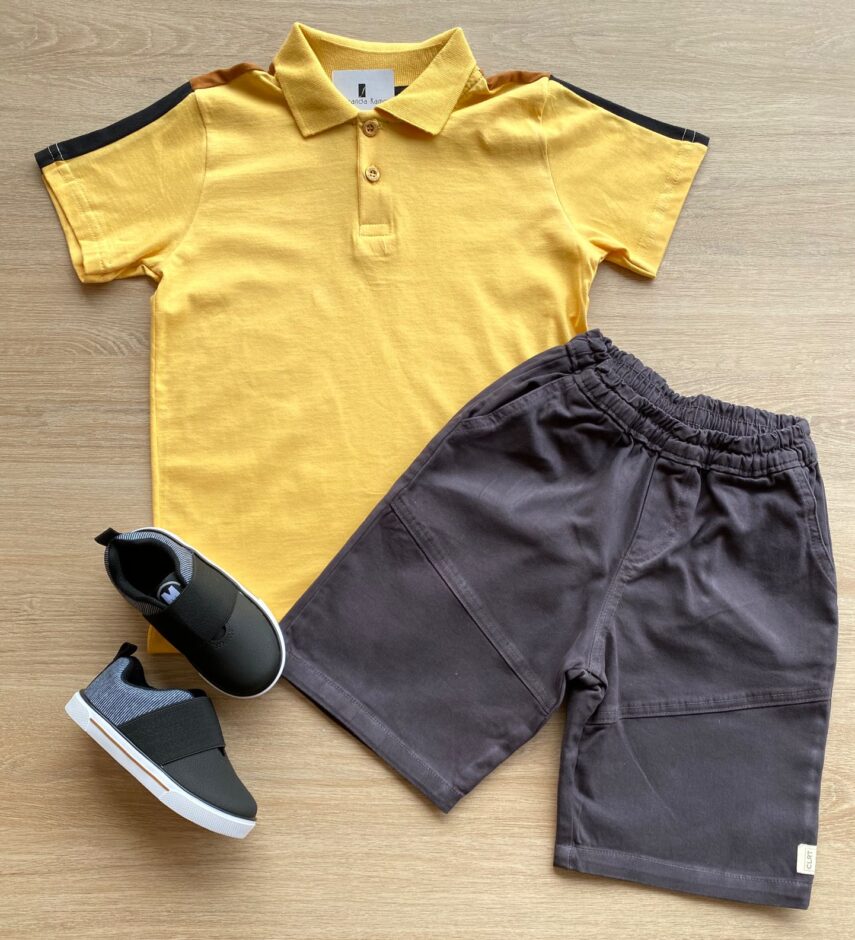 Conjunto Infantil Masculino Camiseta Polo Amarela e Bermuda Sarja Fernanda Ramos Kids