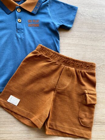 fernandaramoskids com br Conjunto Infantil Masculino Camiseta Polo Azul Bermuda Caramelo 1