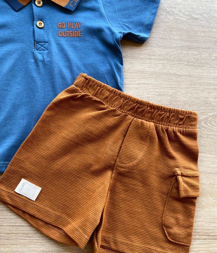 fernandaramoskids com br Conjunto Infantil Masculino Camiseta Polo Azul Bermuda Caramelo 1