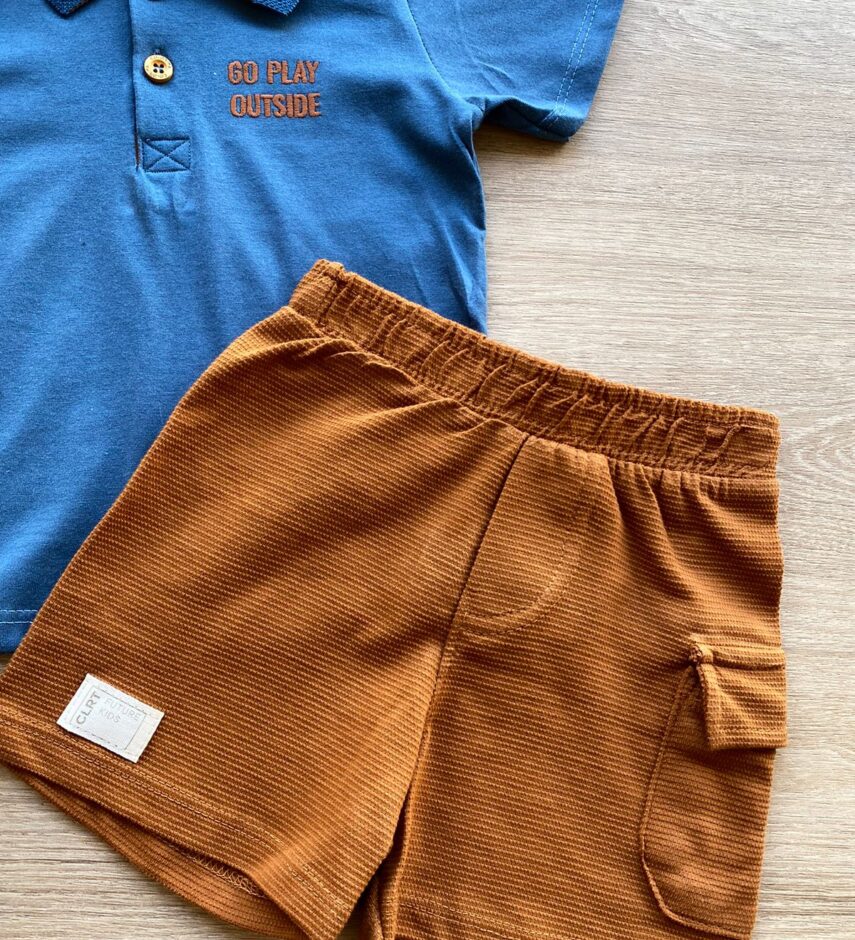fernandaramoskids com br Conjunto Infantil Masculino Camiseta Polo Azul Bermuda Caramelo 1