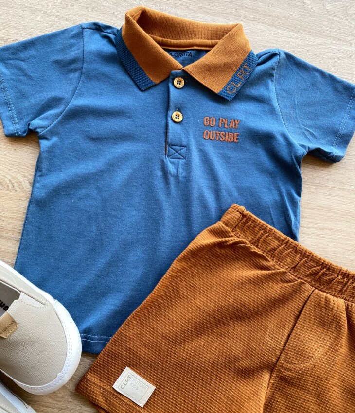 fernandaramoskids com br Conjunto Infantil Masculino Camiseta Polo Azul Bermuda Caramelo 2