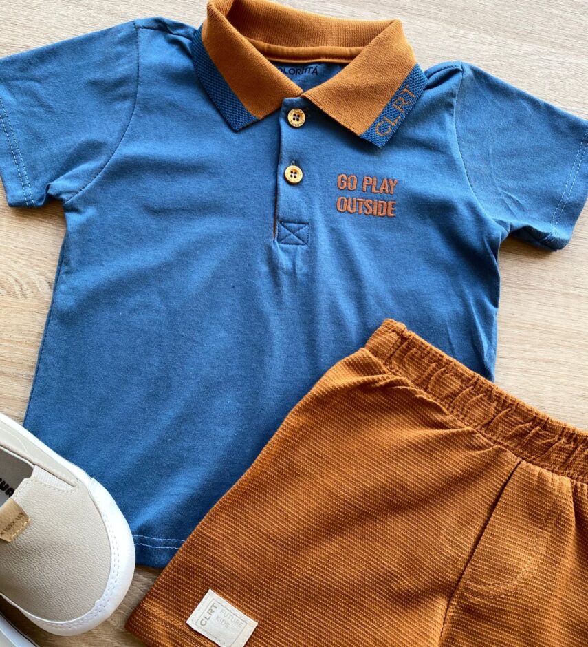 fernandaramoskids com br Conjunto Infantil Masculino Camiseta Polo Azul Bermuda Caramelo 2