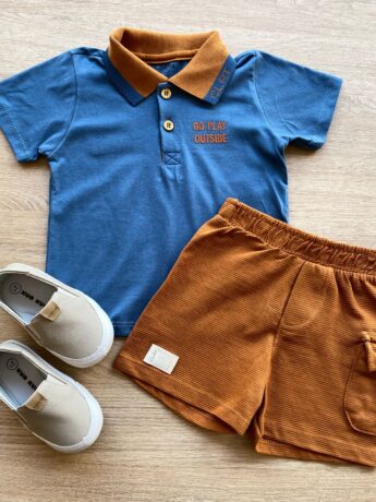 Conjunto Infantil Masculino Camiseta Polo Azul Bermuda Caramelo Fernanda Ramos Kids