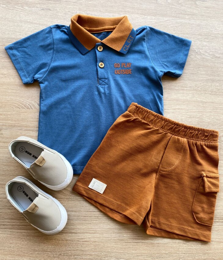 Conjunto Infantil Masculino Camiseta Polo Azul Bermuda Caramelo Fernanda Ramos Kids