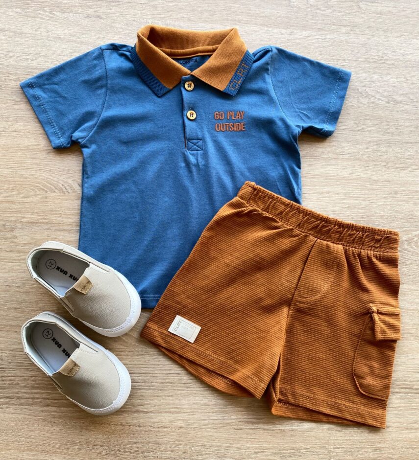 Conjunto Infantil Masculino Camiseta Polo Azul Bermuda Caramelo Fernanda Ramos Kids