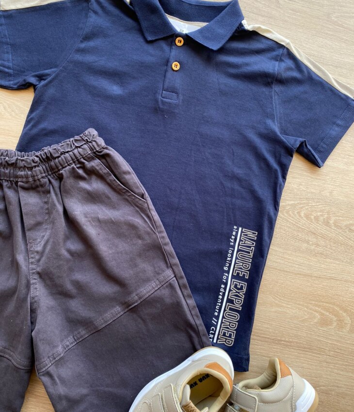 fernandaramoskids com br Conjunto Infantil Masculino Camiseta Polo Azul e Bermuda Sarja 1
