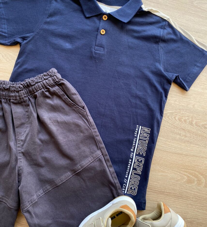 fernandaramoskids com br Conjunto Infantil Masculino Camiseta Polo Azul e Bermuda Sarja 1