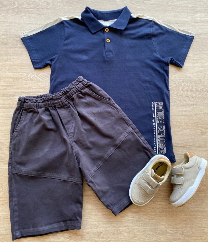 Conjunto Infantil Masculino Camiseta Polo Azul e Bermuda Sarja Fernanda Ramos Store