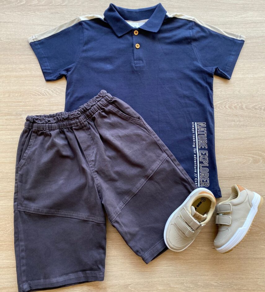 Conjunto Infantil Masculino Camiseta Polo Azul e Bermuda Sarja Fernanda Ramos Store