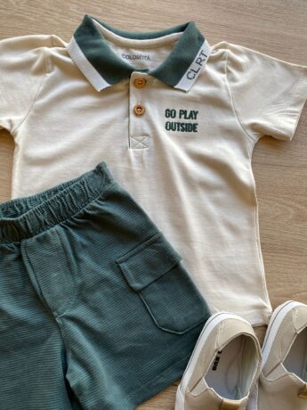 fernandaramoskids com br Conjunto Infantil Masculino Camiseta Polo Bege Bermuda Verde 1