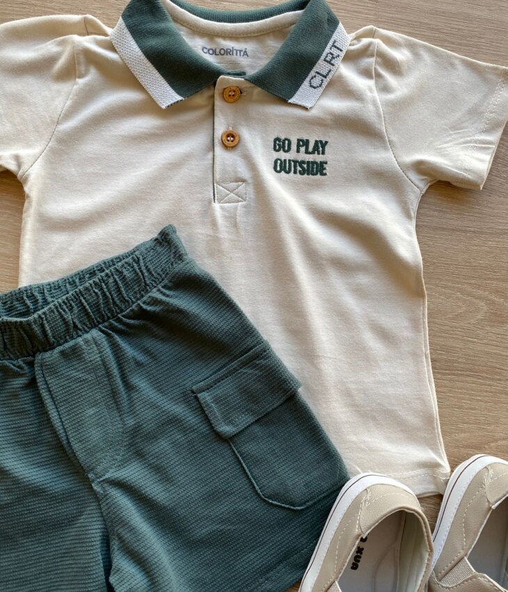 fernandaramoskids com br Conjunto Infantil Masculino Camiseta Polo Bege Bermuda Verde 1