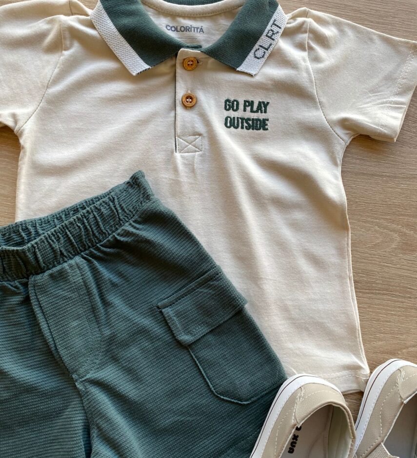fernandaramoskids com br Conjunto Infantil Masculino Camiseta Polo Bege Bermuda Verde 1