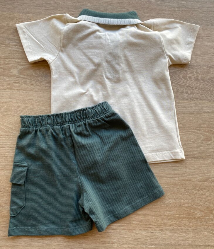 fernandaramoskids com br Conjunto Infantil Masculino Camiseta Polo Bege Bermuda Verde 3