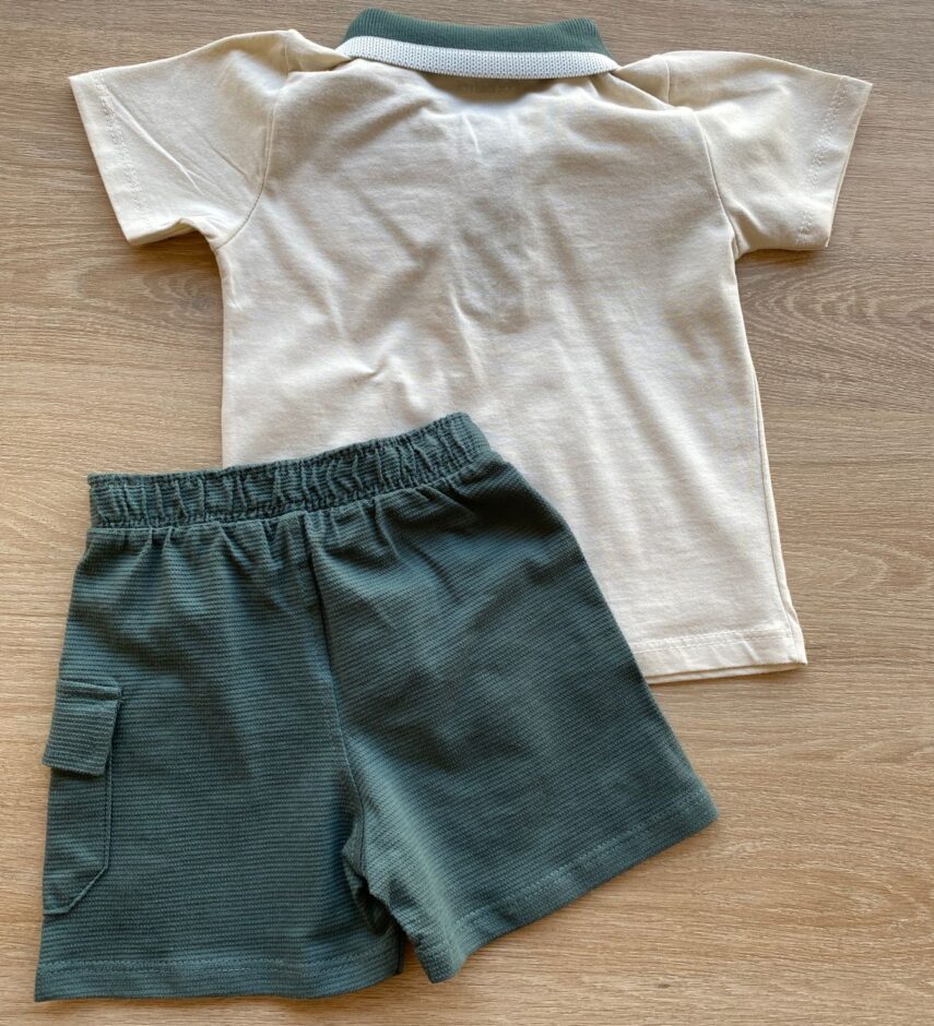 fernandaramoskids com br Conjunto Infantil Masculino Camiseta Polo Bege Bermuda Verde 3