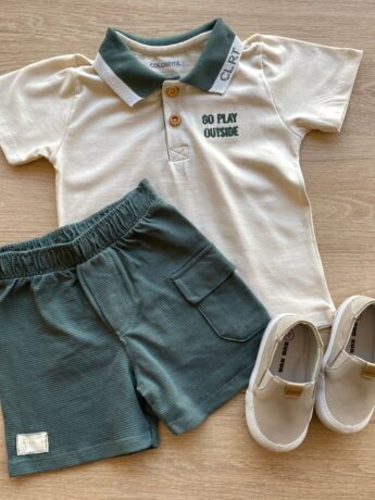 Conjunto Infantil Masculino Camiseta Polo Bege Bermuda Verde Fernanda Ramos Kids