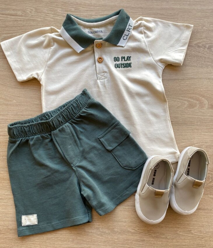 Conjunto Infantil Masculino Camiseta Polo Bege Bermuda Verde Fernanda Ramos Kids