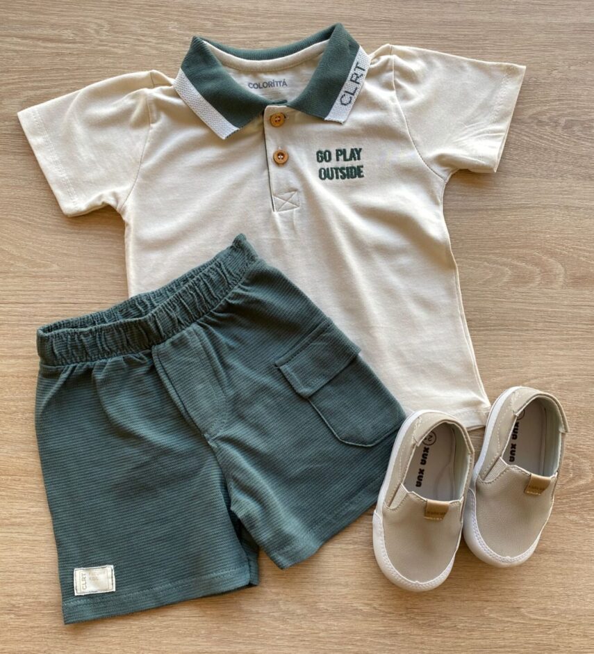 Conjunto Infantil Masculino Camiseta Polo Bege Bermuda Verde Fernanda Ramos Kids