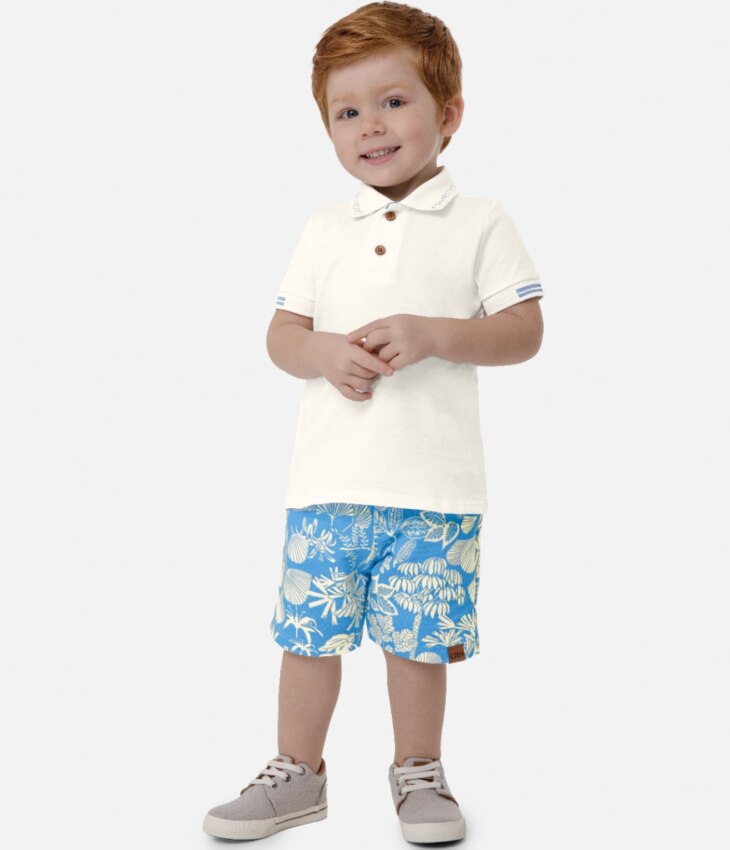Conjunto Infantil Masculino Camiseta Polo Branco Bermuda Azul Fernanda Ramos Kids