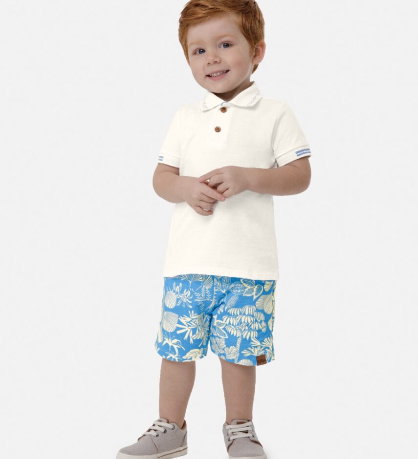 Conjunto Infantil Masculino Camiseta Polo Branco Bermuda Azul Fernanda Ramos Kids