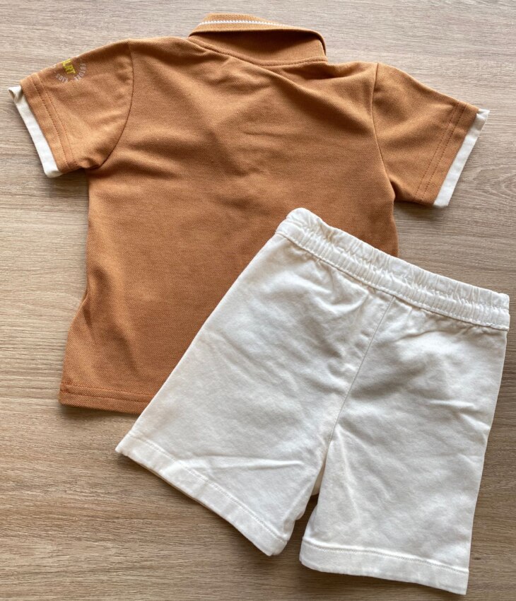 fernandaramoskids com br Conjunto Infantil Masculino Camiseta Polo Caramelo Bermuda Off White 4
