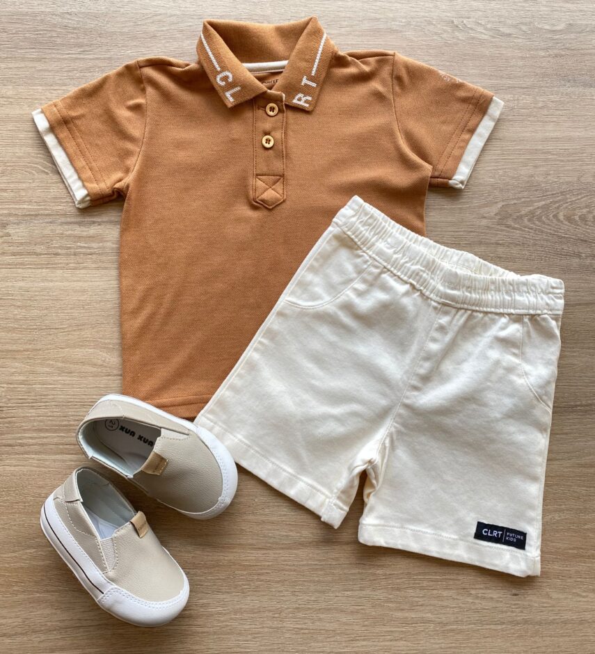 Conjunto Infantil Masculino Camiseta Polo Caramelo Bermuda Off White Fernanda Ramos Store