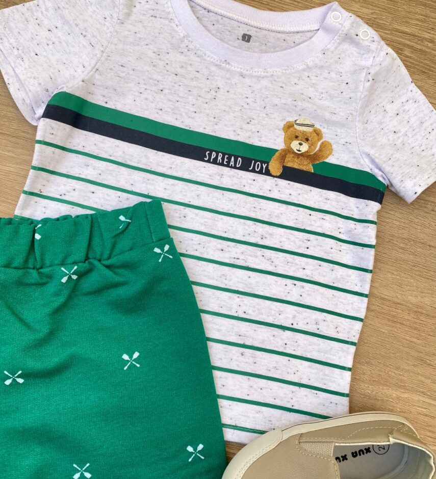 fernandaramoskids com br Conjunto Infantil Masculino Camiseta Urso e Bermuda Verde 1