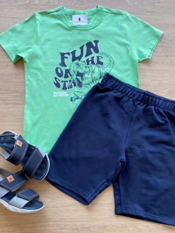 Conjunto Infantil Masculino Camiseta Verde e Bermuda Azul Fernanda Ramos Kids