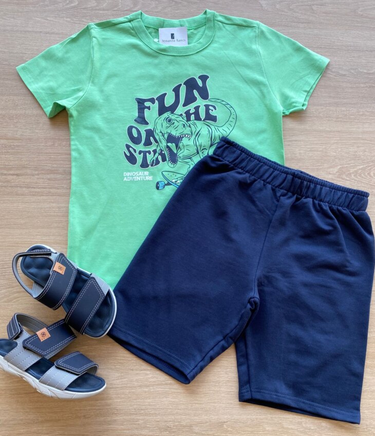 Conjunto Infantil Masculino Camiseta Verde e Bermuda Azul Fernanda Ramos Kids