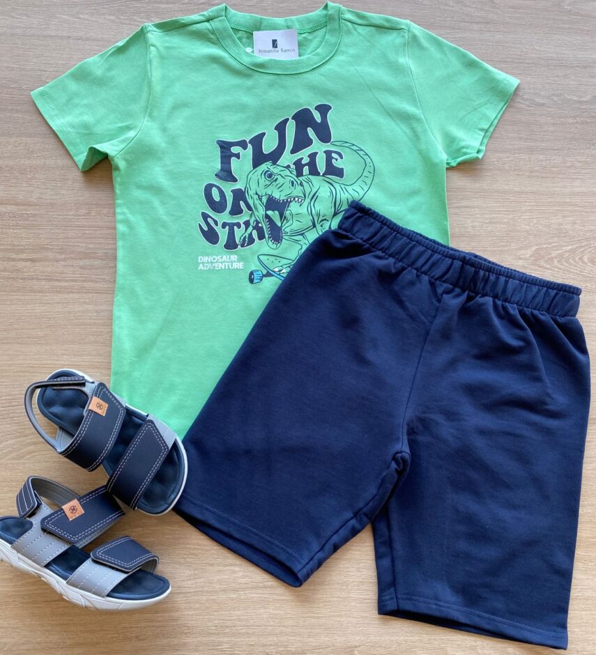 Conjunto Infantil Masculino Camiseta Verde e Bermuda Azul Fernanda Ramos Kids