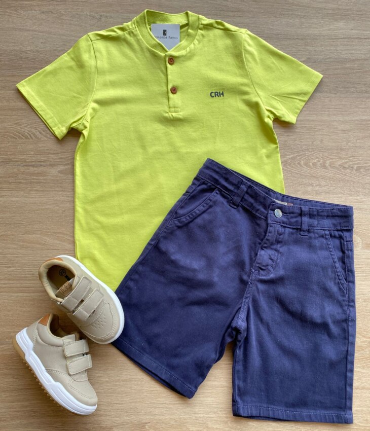 Conjunto Infantil Masculino Camiseta Verde e Bermuda Jeans Fernanda Ramos Kids
