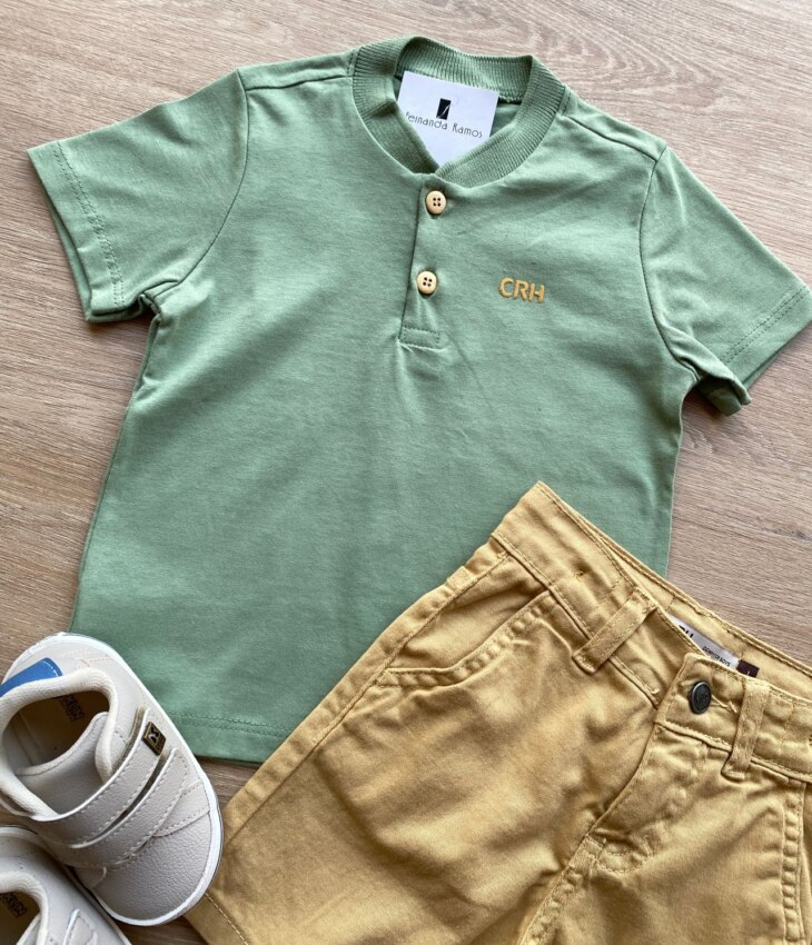fernandaramoskids com br Conjunto Infantil Masculino Camiseta Verde e Bermuda Jeans Bege 1