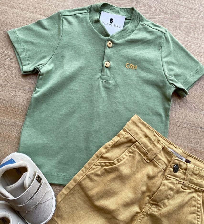 fernandaramoskids com br Conjunto Infantil Masculino Camiseta Verde e Bermuda Jeans Bege 1
